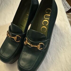 Gucci Women's Dark Green Leather Loafers with Gold Accent